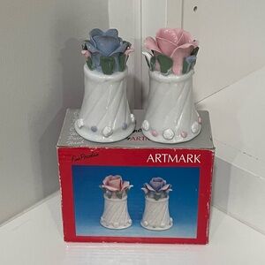 NIB Vintage 1993 Artmark Porcelain Rose Salt Pepper Shakers Pink Blue Cottage